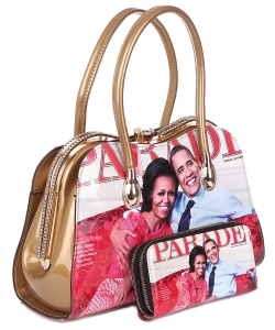 Michelle Obama Jewel Top Satchel Handbag HB613 KHAKI